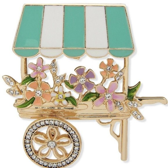 Anne Klein Pin Flower Cart Crystal & Enamel Gold Plate NIB Green White Pink M367 - Picture 6 of 6